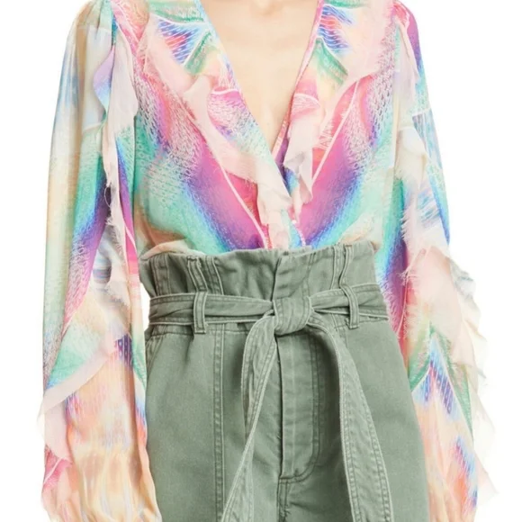 LE SUPERBE Good Vibrations Blouse XS  Rainbow Long Sleeve Print Surplice Top - Picture 2 of 7